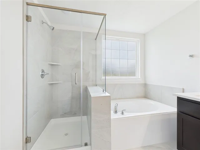 a bathroom with a bathtub and a shower