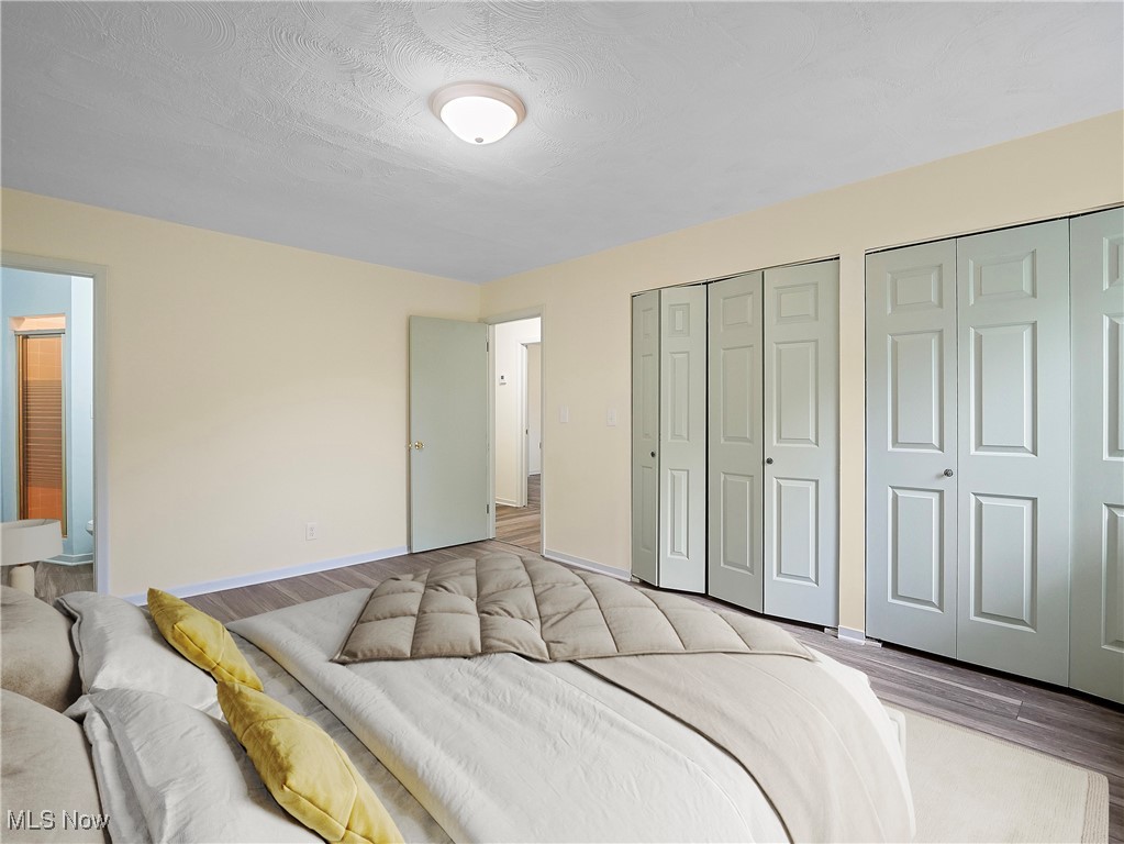 6875 Morrell Ray Road Bristolville, OH 44402 - Photo 24 of 39 Bedroom featuring two closets, baseboards, and wood finished floors