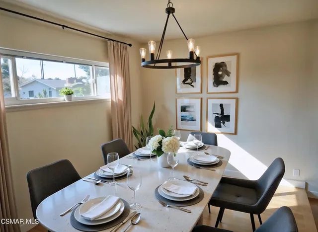 a view of a dining room with furniture large window and wooden floor