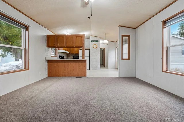 an empty room with windows cabinet and fireplace