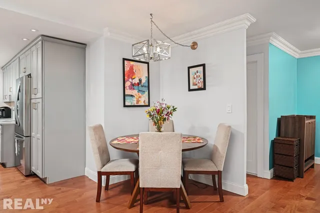 a view of a dining room with furniture
