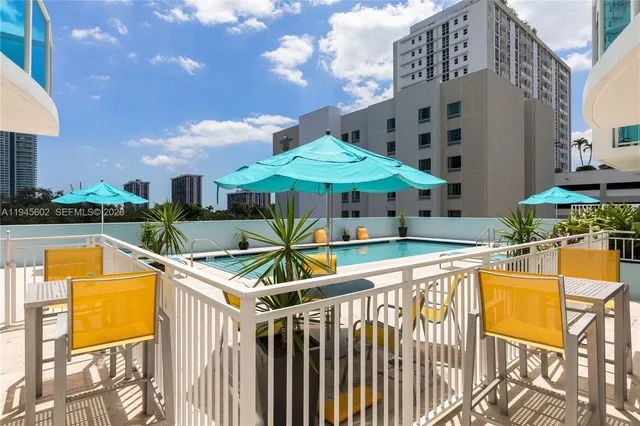 a view of a patio with swimming pool and furniture