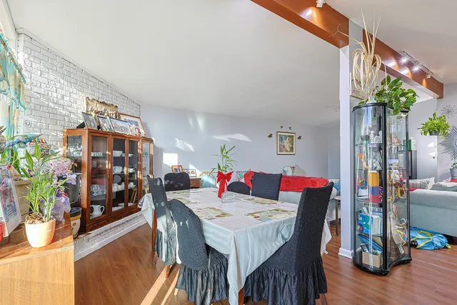 a view of a dining room with furniture a potted plant and wooden floor