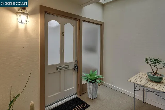 a potted plant sitting in front of a bathroom