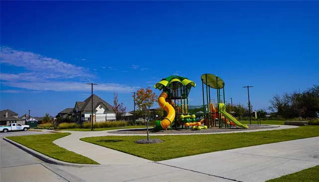 a view of a park with large trees