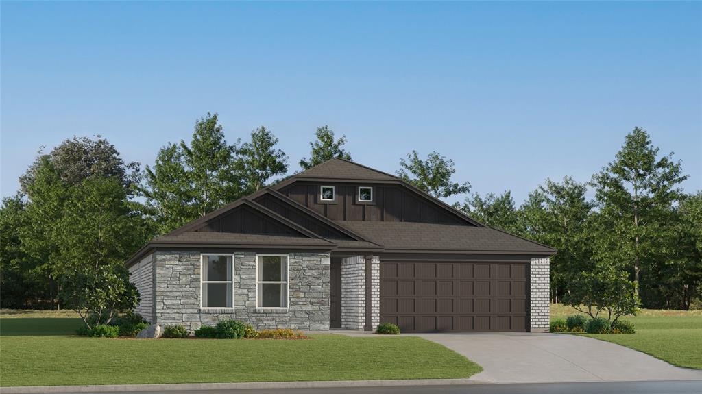 15021 Bushwacker Way Haslet, TX 76052 - Photo 1 of 1 Modern single-story residence featuring a two-car garage, stone and brick exterior, and a sloped shingle roof