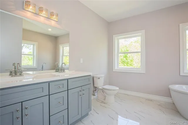 a bathroom with a toilet sink and mirror