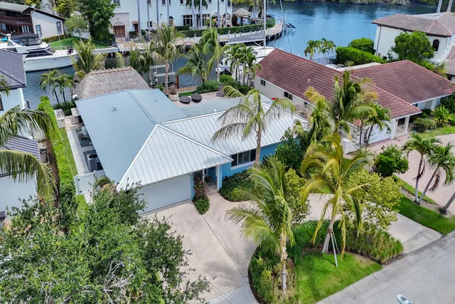 a view of a swimming pool with lawn chairs plants and large tree