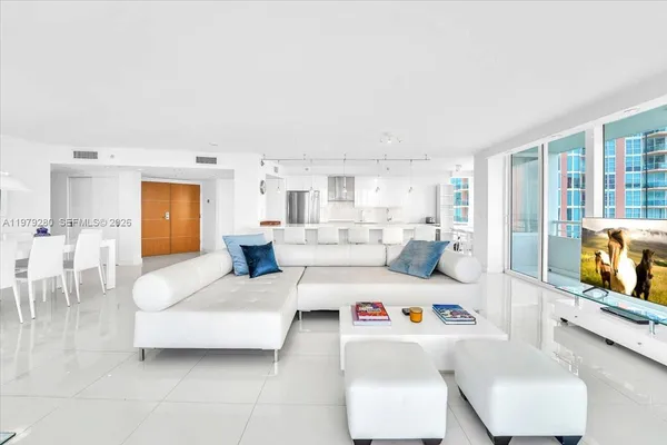 a living room with furniture and a large window