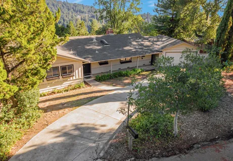 a front view of a house with a yard and large tree