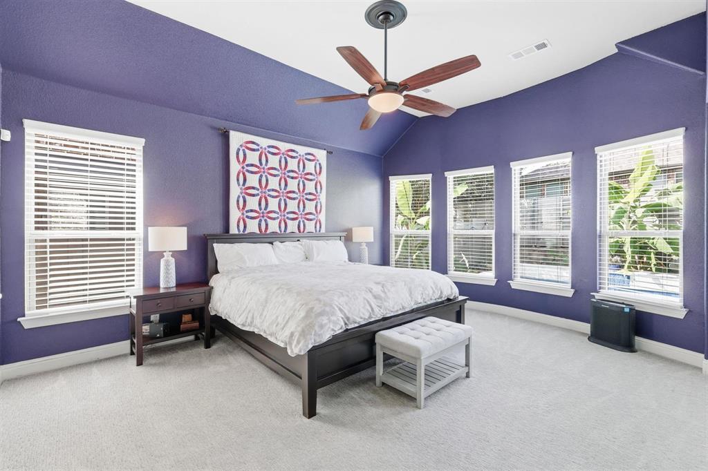 117 Birdcall Lane Argyle, TX 76226 - Photo 26 of 40 Bedroom featuring light carpet, lofted ceiling, and a ceiling fan