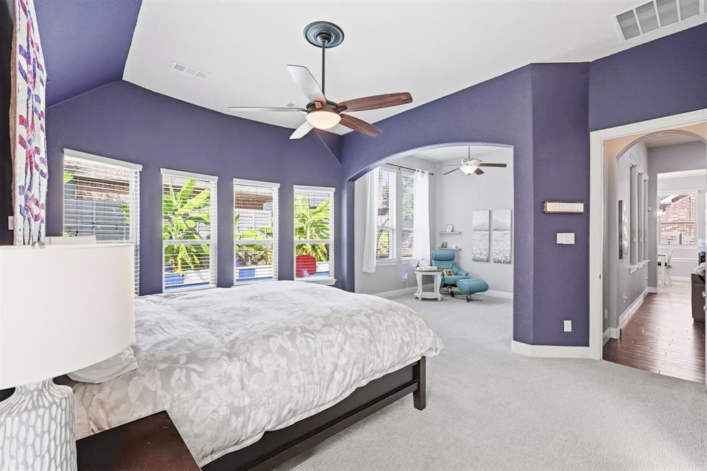 117 Birdcall Lane Argyle, TX 76226 - Photo 27 of 40 Bedroom with arched walkways, carpet flooring, and lofted ceiling