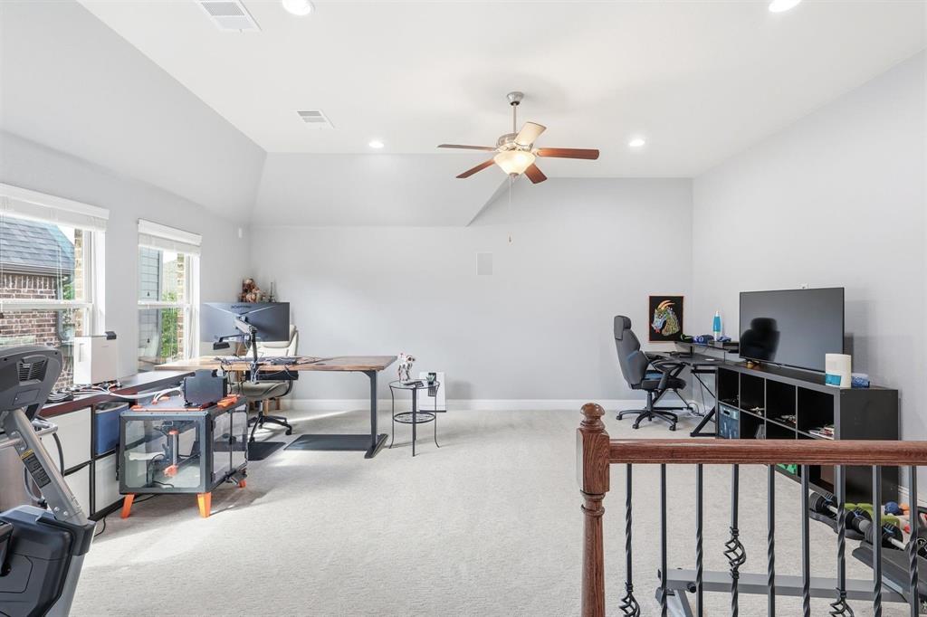 117 Birdcall Lane Argyle, TX 76226 - Photo 33 of 40 Office space featuring carpet floors, vaulted ceiling, a ceiling fan, and recessed lighting