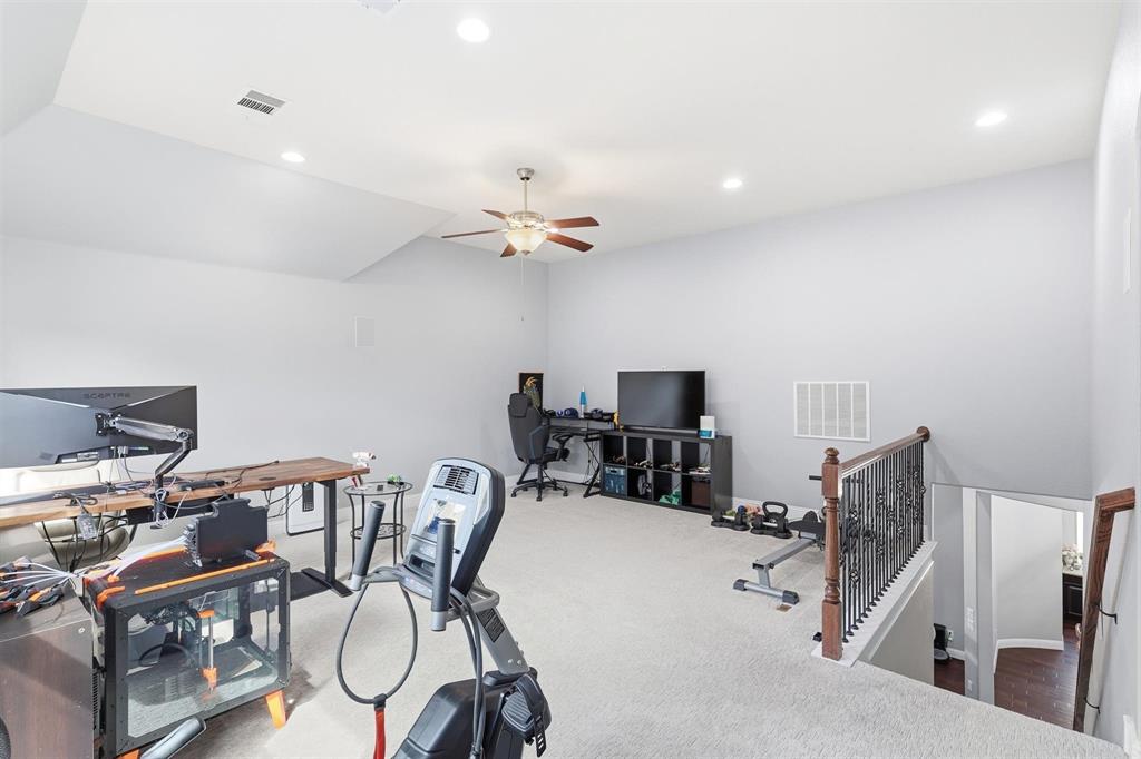 117 Birdcall Lane Argyle, TX 76226 - Photo 34 of 40 Exercise room featuring carpet, recessed lighting, and a ceiling fan