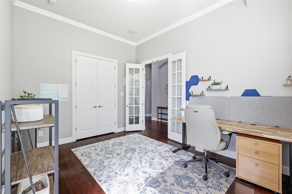 117 Birdcall Lane Argyle, TX 76226 - Photo 6 of 40 Office with french doors, ornamental molding, and dark wood-style floors