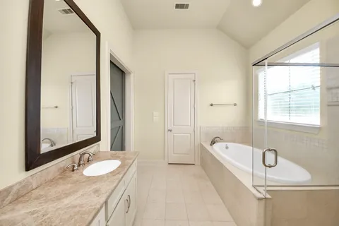 a bathroom with a granite countertop tub sink and mirror