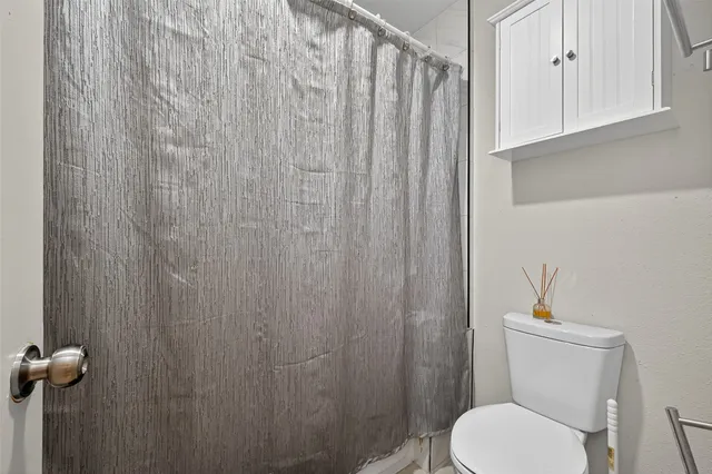 a white toilet sitting next to a shower curtain