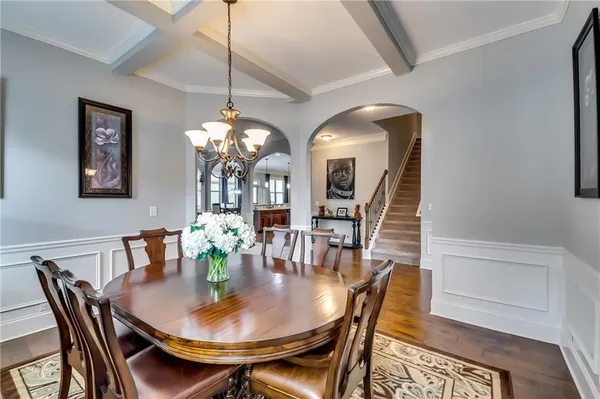 a view of a dining room with furniture