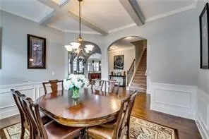 a view of a dining room with furniture