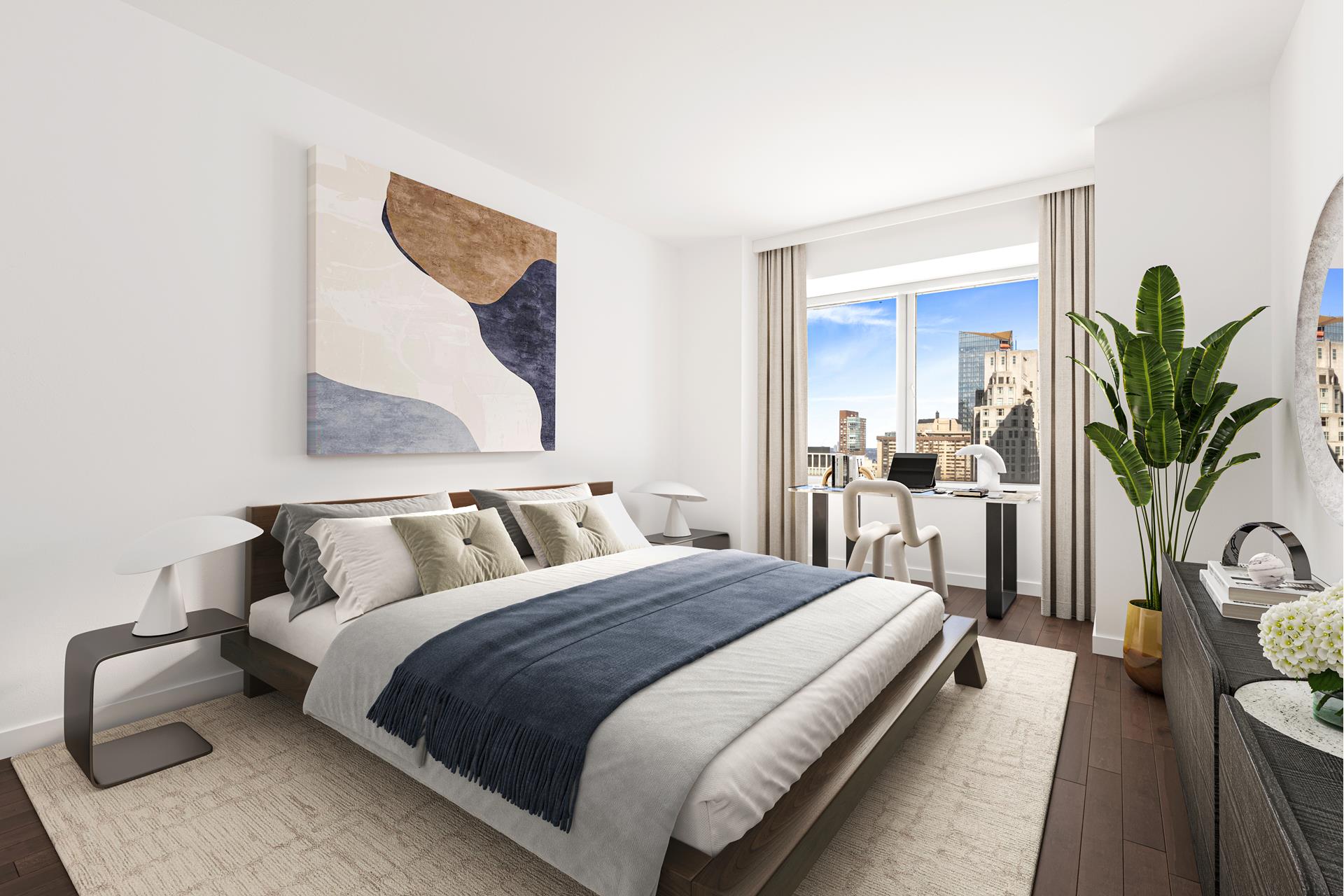 301 West 57th Street, Unit 38B Manhattan, NY 10019 - Photo 8 of 17 a bedroom with bed and a potted plant