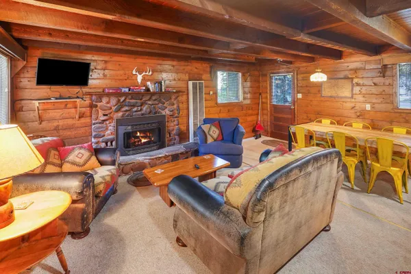 a living room with furniture a flat screen tv and a fireplace