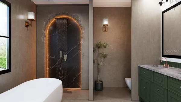 a living room with furniture bathtub and a chandelier