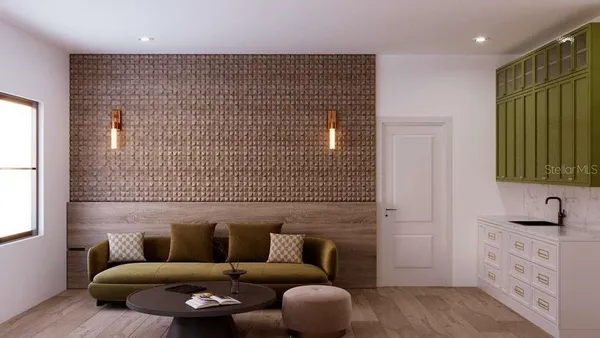 a living room with furniture and a rug