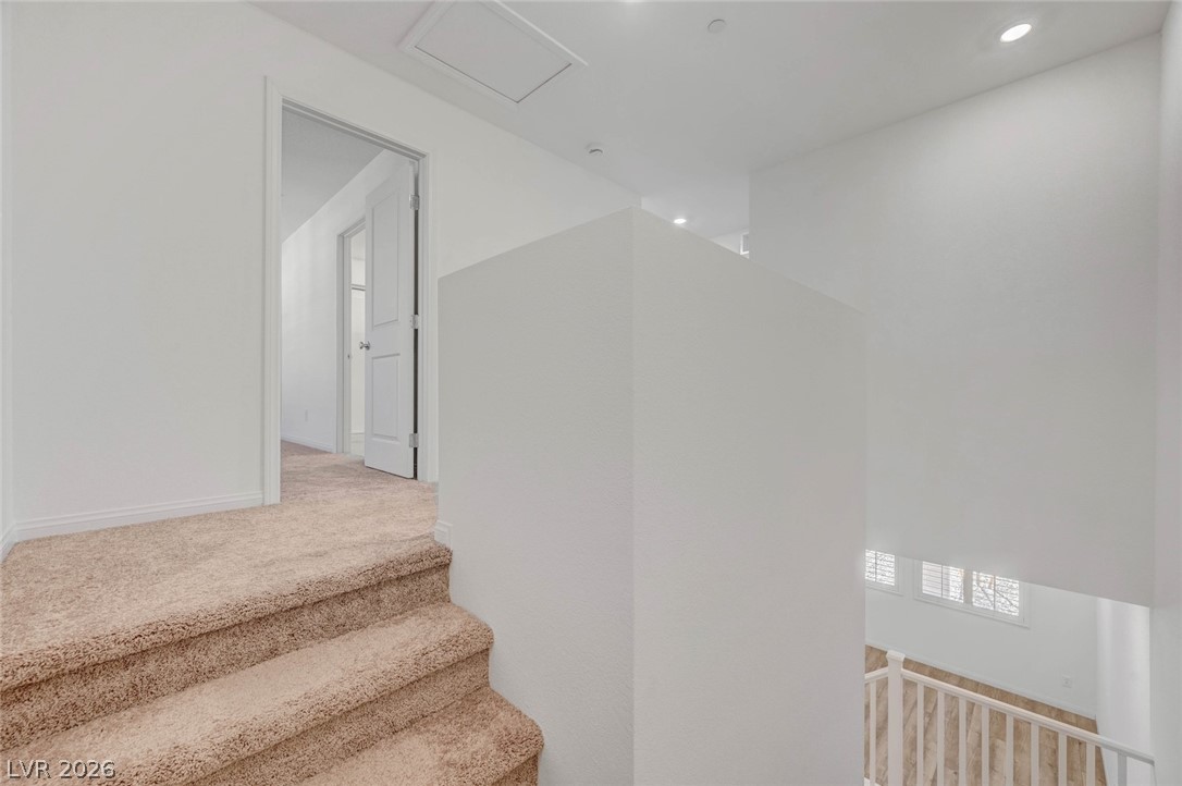 3548 Dimora Street Henderson, NV 89044 - Photo 20 of 40 Stairs with baseboards, carpet flooring, and recessed lighting