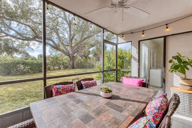 a view of a patio with a table chairs and a table