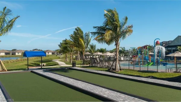 a view of a lake with a swimming pool