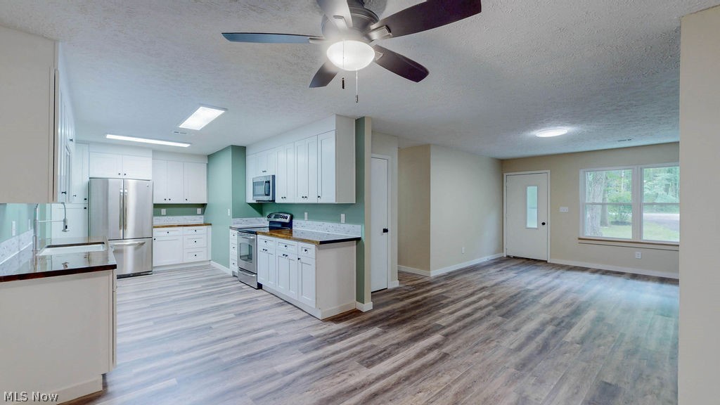 18620 Shaw Road Chagrin Falls, OH 44023 - Photo 8 of 44 Open-concept living area featuring wood-finish flooring, white cabinetry, stainless steel appliances, a ceiling fan, and ample natural light from multiple windows
