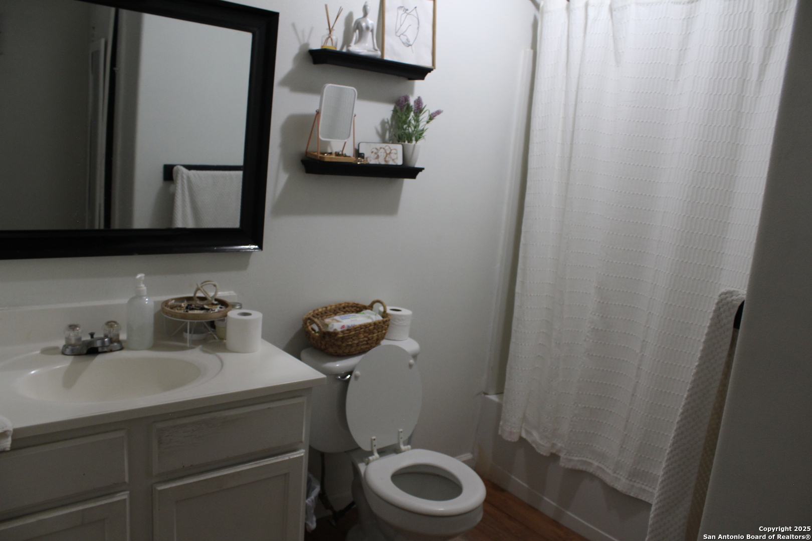 406 County Road 6850, Unit 1 Lytle, TX 78052 - Photo 15 of 24 a bathroom with a sink a toilet and a mirror