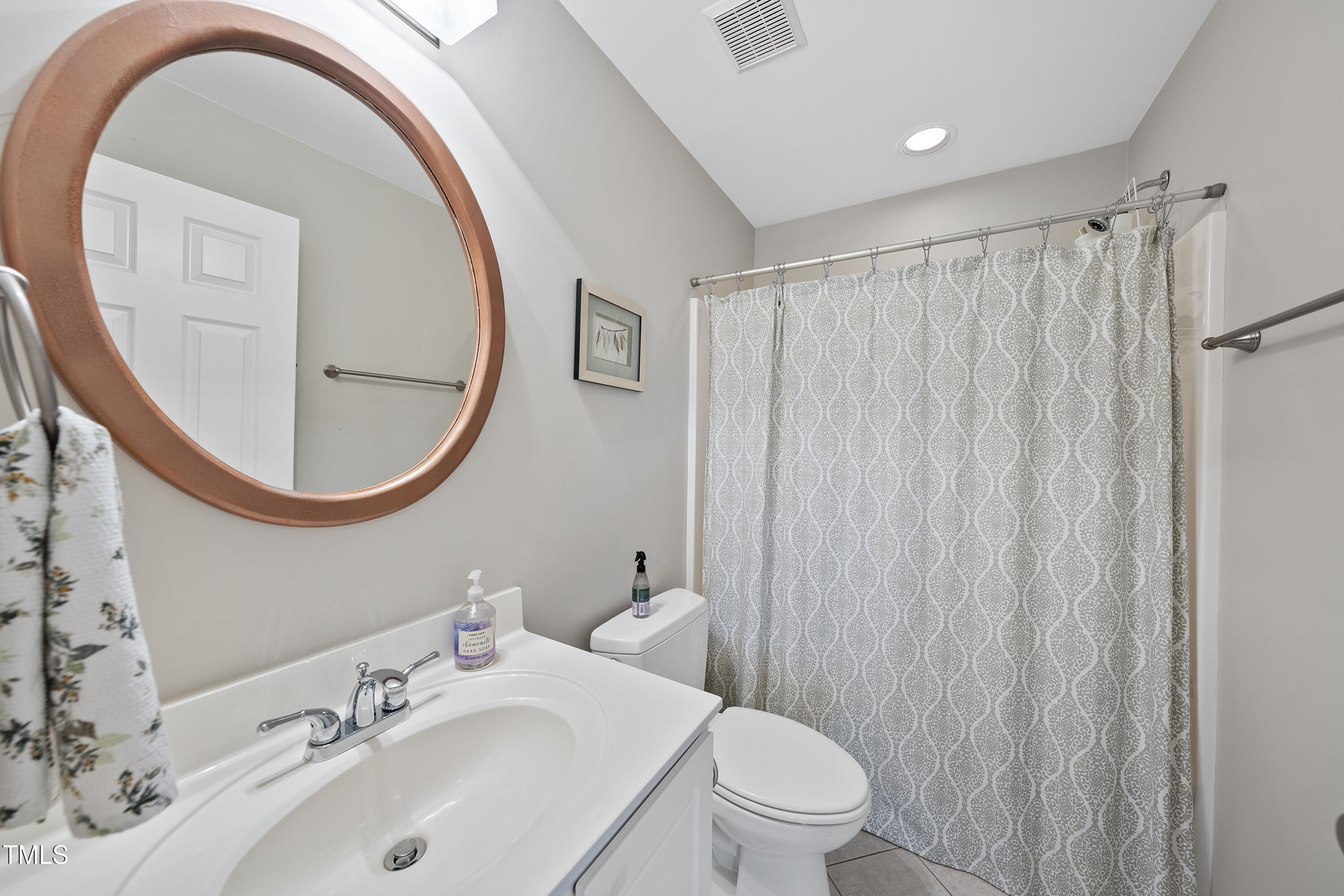 8616 Seagate Drive Raleigh, NC 27615 - Photo 27 of 56 a bathroom with a sink a mirror a toilet and a mirror
