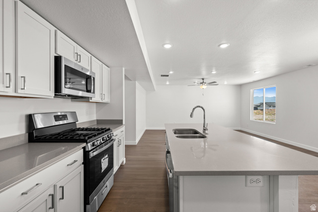 1554 Pheasant Road Eagle Mountain, UT 84005 - Photo 11 of 29 Kitchen with stainless steel appliances, dark wood-style flooring, white cabinetry, a center island with sink, and a ceiling fan