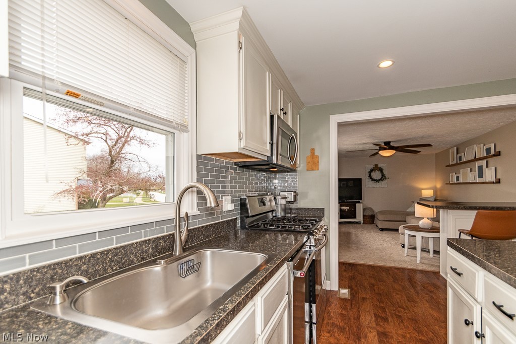 3080 Gale Road Willoughby, OH 44094 - Photo 13 of 45 Kitchen featuring white cabinets, appliances with stainless steel finishes, ceiling fan, and dark hardwood / wood-style floors