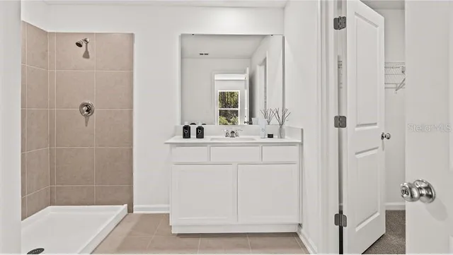 a bathroom with a sink a mirror and a shower