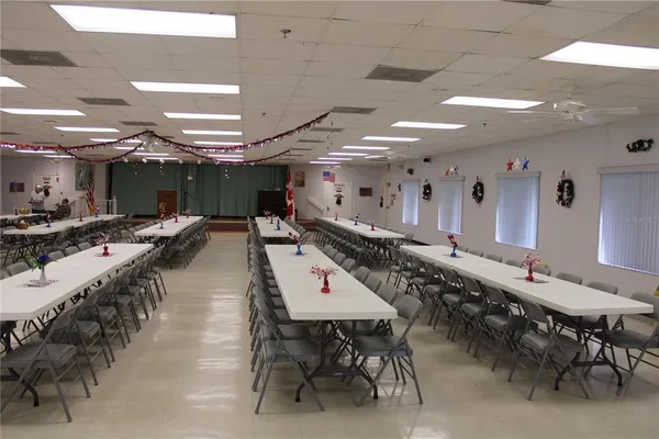a large room with lots of table and chairs