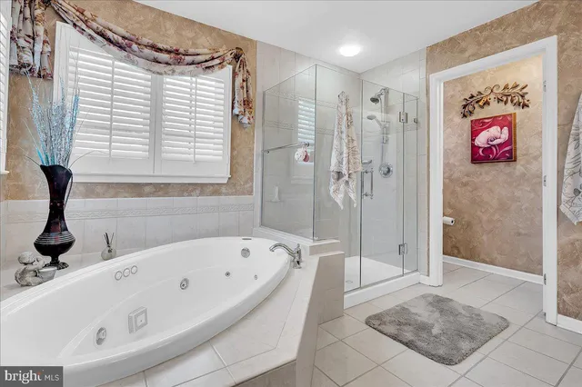 a bathroom with a tub a shower and view