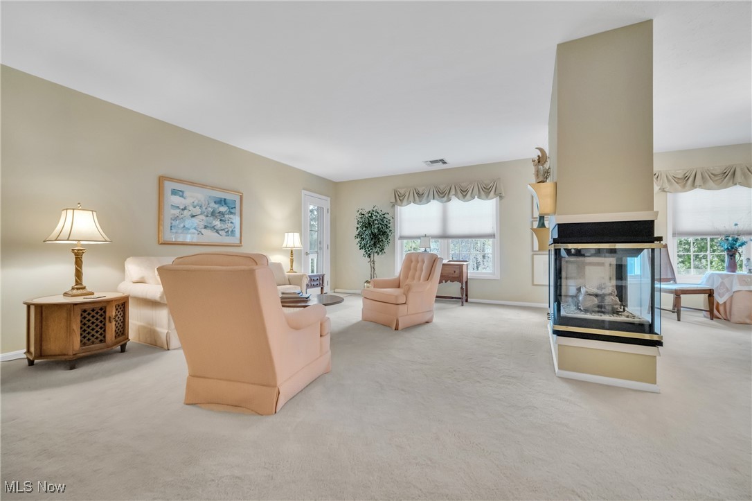 22481 Center Ridge Road, Unit 202 Rocky River, OH 44116 - Photo 8 of 24 Carpeted living room with a wealth of natural light and a multi sided fireplace