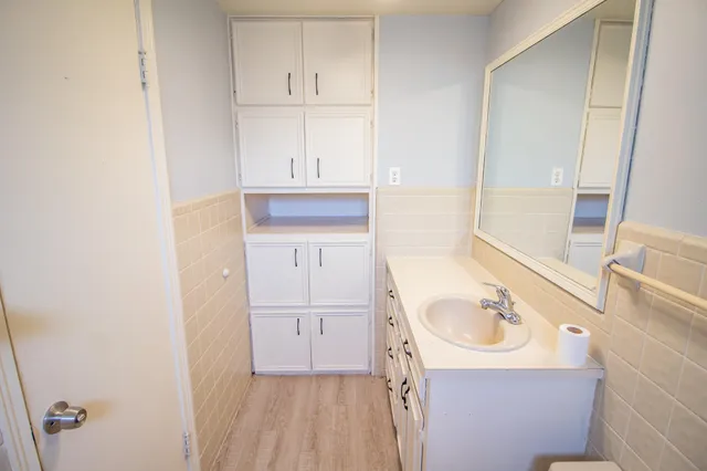 a bathroom with a sink and a mirror