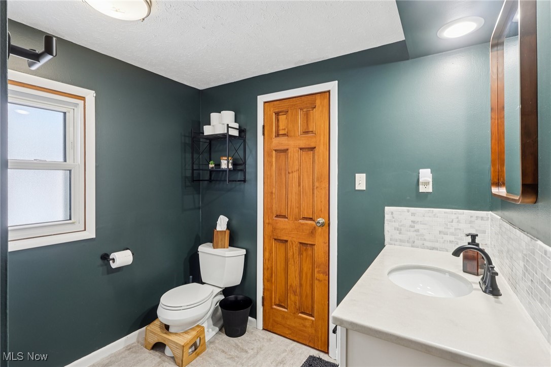 445 Center Road Hinckley, OH 44233 - Photo 23 of 50 Bathroom featuring vanity, tasteful backsplash, and a textured ceiling