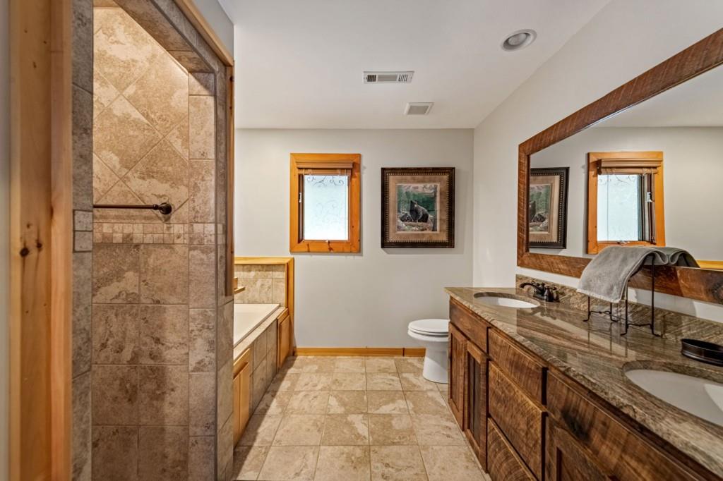 908 Cashes Valley Road Cherry Log, GA 30522 - Photo 37 of 90 a bathroom with a granite countertop sink a mirror and a shower