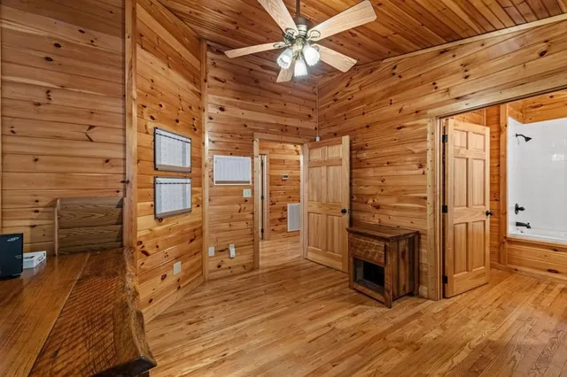 a view of a yard with plants and large trees