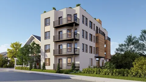 a view of a building with a street