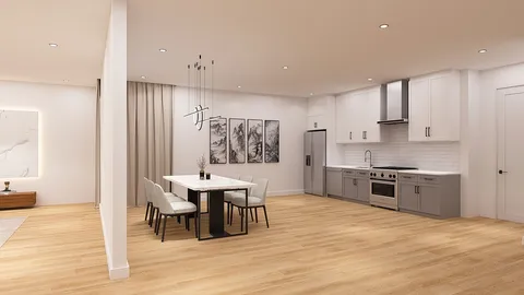 a large kitchen with stainless steel appliances kitchen island granite countertop a sink and cabinets