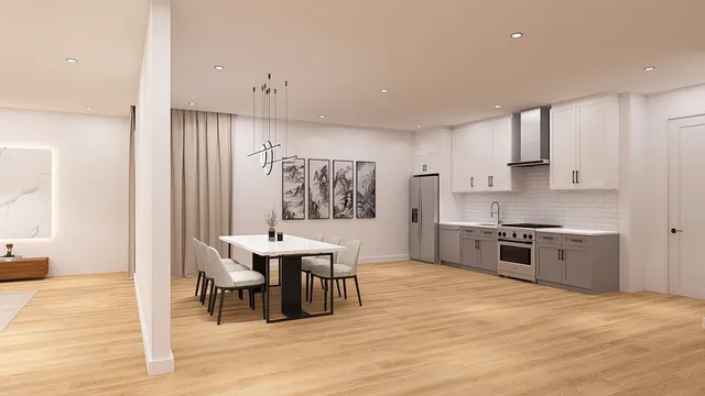 a large kitchen with stainless steel appliances kitchen island granite countertop a sink and cabinets