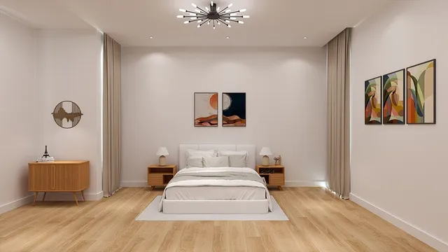 a bedroom with a bed and painting on the wall