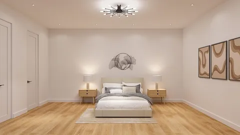 a bedroom with bed and wooden floor