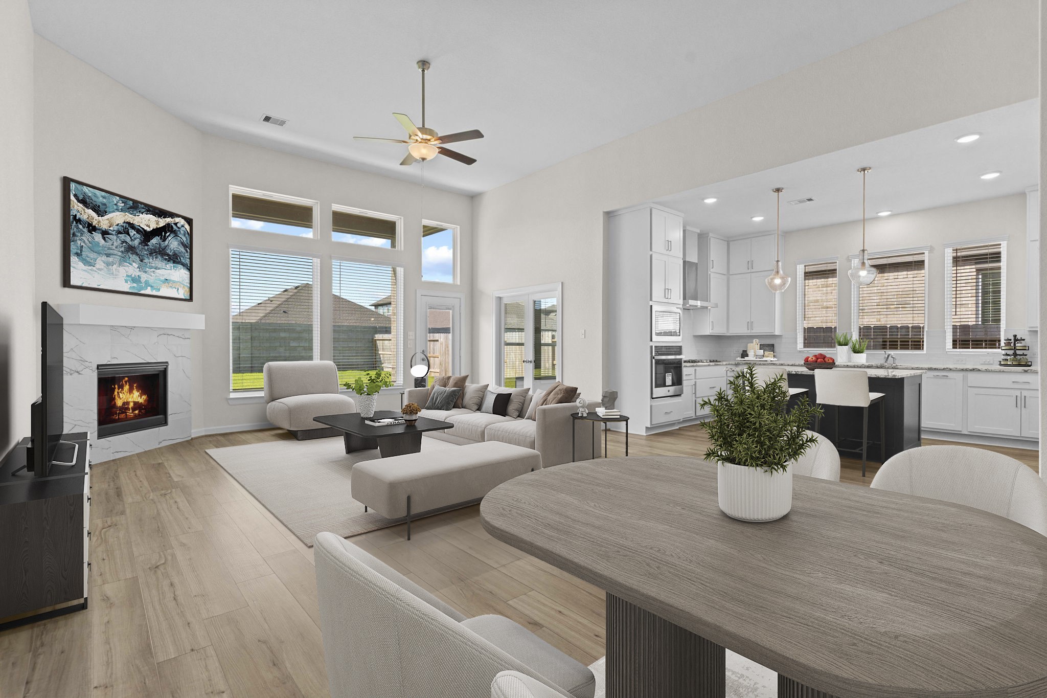 a living room with fireplace furniture and a fireplace