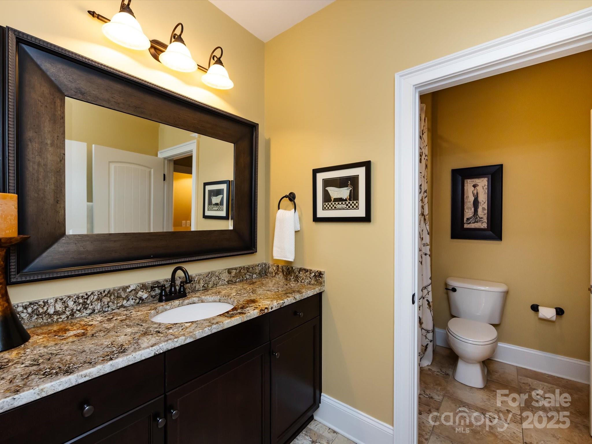 132 Chaska Loop Troutman, NC 28166 - Photo 31 of 48 a bathroom with a granite countertop toilet sink and mirror